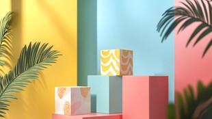 多彩几何方块与绿植展示