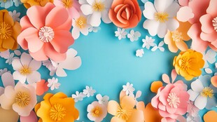 纸艺花卉营造梦幻蓝色背景