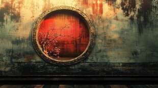 古墙圆窗映红梅意境图