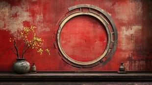 中式红墙圆窗雅致景致