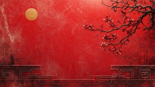 红墙月夜下的绽放花枝