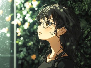 窗边戴眼镜的长发少女