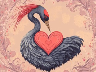 鹤怀爱心的梦幻插画