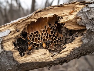 树干中的蜂巢结构特写
