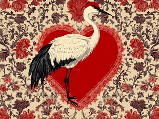 心型背景中的优雅仙鹤