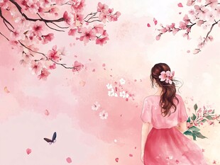 漫步春日樱花下的女孩