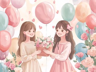 闺蜜互赠花束的温馨时刻