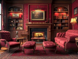 复古红调温馨书房客厅一角