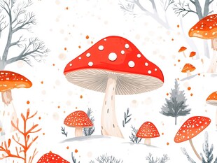 冬日森林中的梦幻红蘑菇