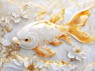 白玉金鱼浮雕 花卉相伴