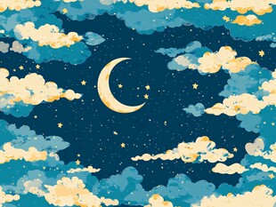 梦幻月夜云朵星空插画