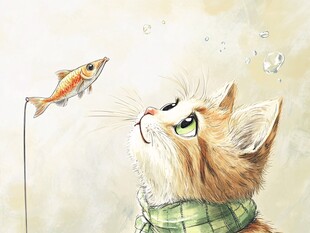 猫咪馋望悬线金鱼