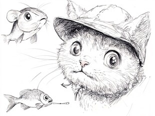 戴帽萌猫与鱼的趣味画面