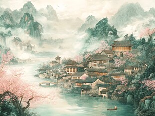 水墨江南山水诗意村落