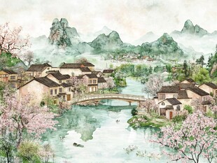 江南水乡春景水墨画