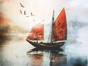 江上红帆船飞鸟诗意景