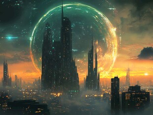 未来都市黄昏奇幻景象