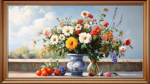 蓝白花瓶中的多彩花卉静物