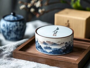 中式山水图案陶瓷茶叶罐