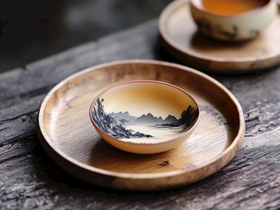 中式山水纹茶碗托盘组合