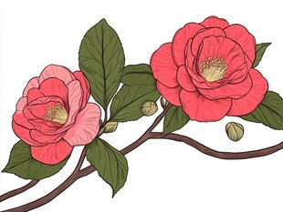 艳丽山茶花枝插画
