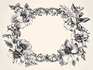 花卉装饰边框黑白插画