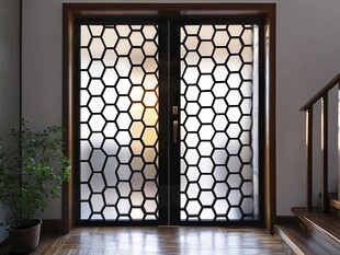 中式六边形花纹双开玻璃门