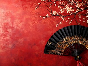 中式红墙下的折扇与花枝