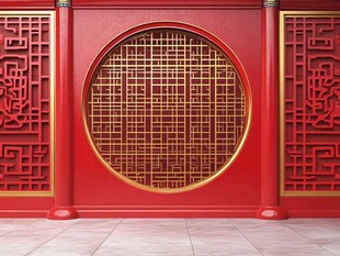 中式红墙镂空窗棂装饰