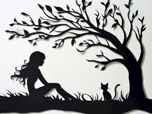 树下少女与猫的静谧时光