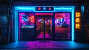 霓虹闪烁的复古街边小店