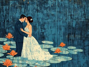 荷塘中相拥的新婚夫妇