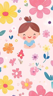 可爱女孩置身缤纷花朵中