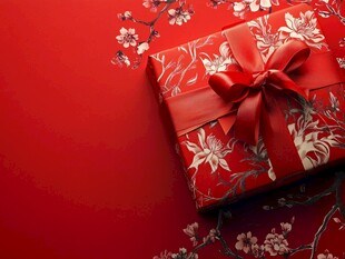 红底花卉礼品盒喜庆画面