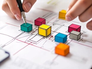 手绘图纸上的多彩立方体布局