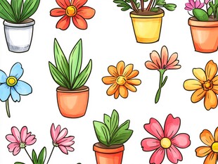 可爱盆栽花卉插画图案