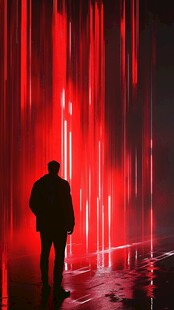 红光影中孤独的男子身影