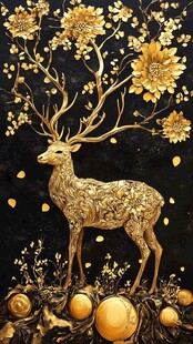 金色麋鹿花卉艺术装饰图
