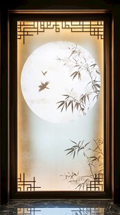 中式窗景 月竹飞鸟雅致图