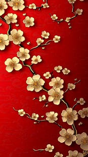 红梅迎春红底金花装饰图
