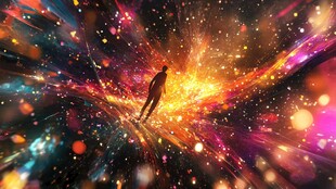 漫步绚烂光影空间的身影