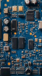 蓝色精密电路板细节特写