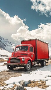 红色卡车于雪山旷野中