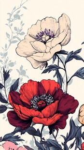 花卉插画 红白花朵与枝叶