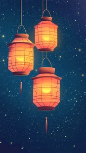 夜空中的三盏中式发光灯笼