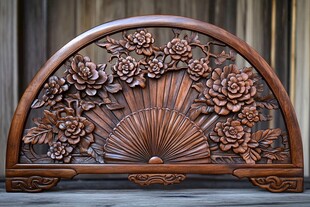 中式木雕扇形花卉装饰板