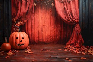 万圣节南瓜布景与红幕