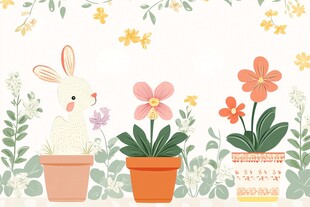 可爱小兔与盆栽花卉插画