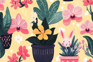 春日花卉与萌兔插画图案