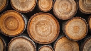 堆叠的圆木截面纹理特写